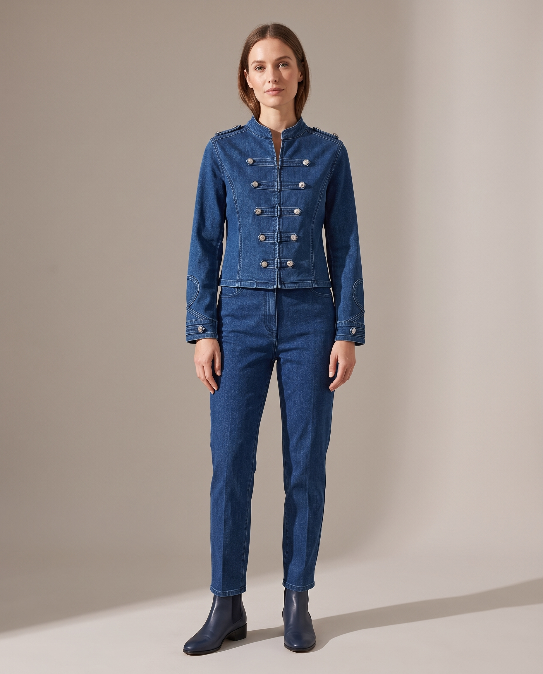 Indigo Cropped Denim Stand-Collar Jacket – Indigo Blue studio front