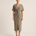 Twist Front Midi Dress — Khaki — studio front