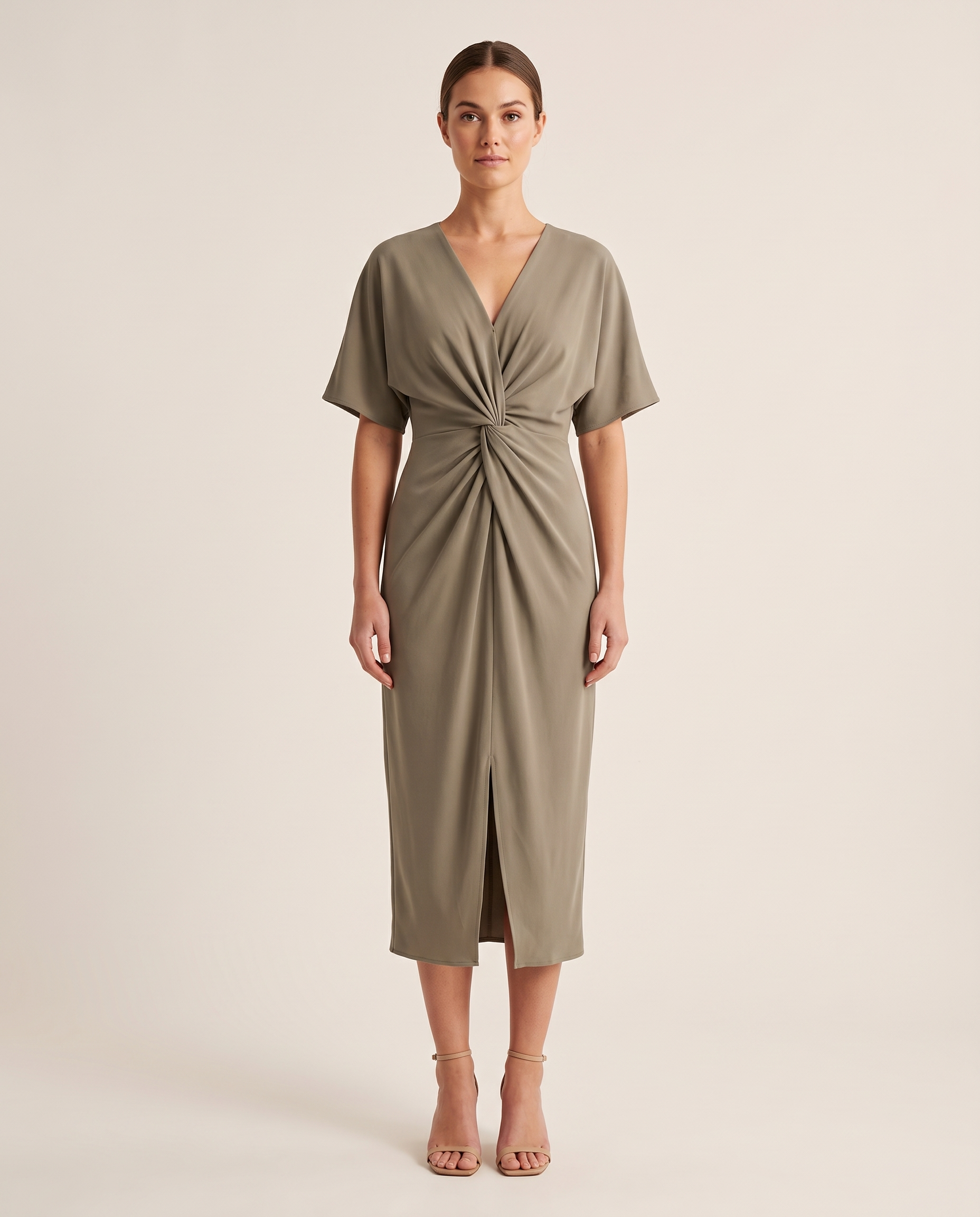 Twist Front Midi Dress — Khaki — studio front