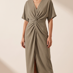 Twist Front Midi Dress — Khaki — front detail