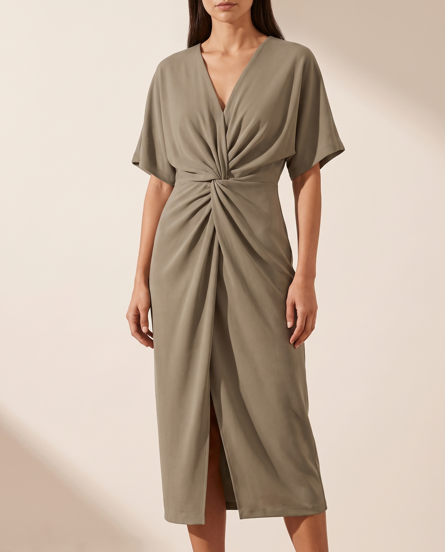 Twist Front Midi Dress — Khaki — front detail