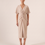 Twist-Front Wrap-Effect Midi Dress — Beige studio front view