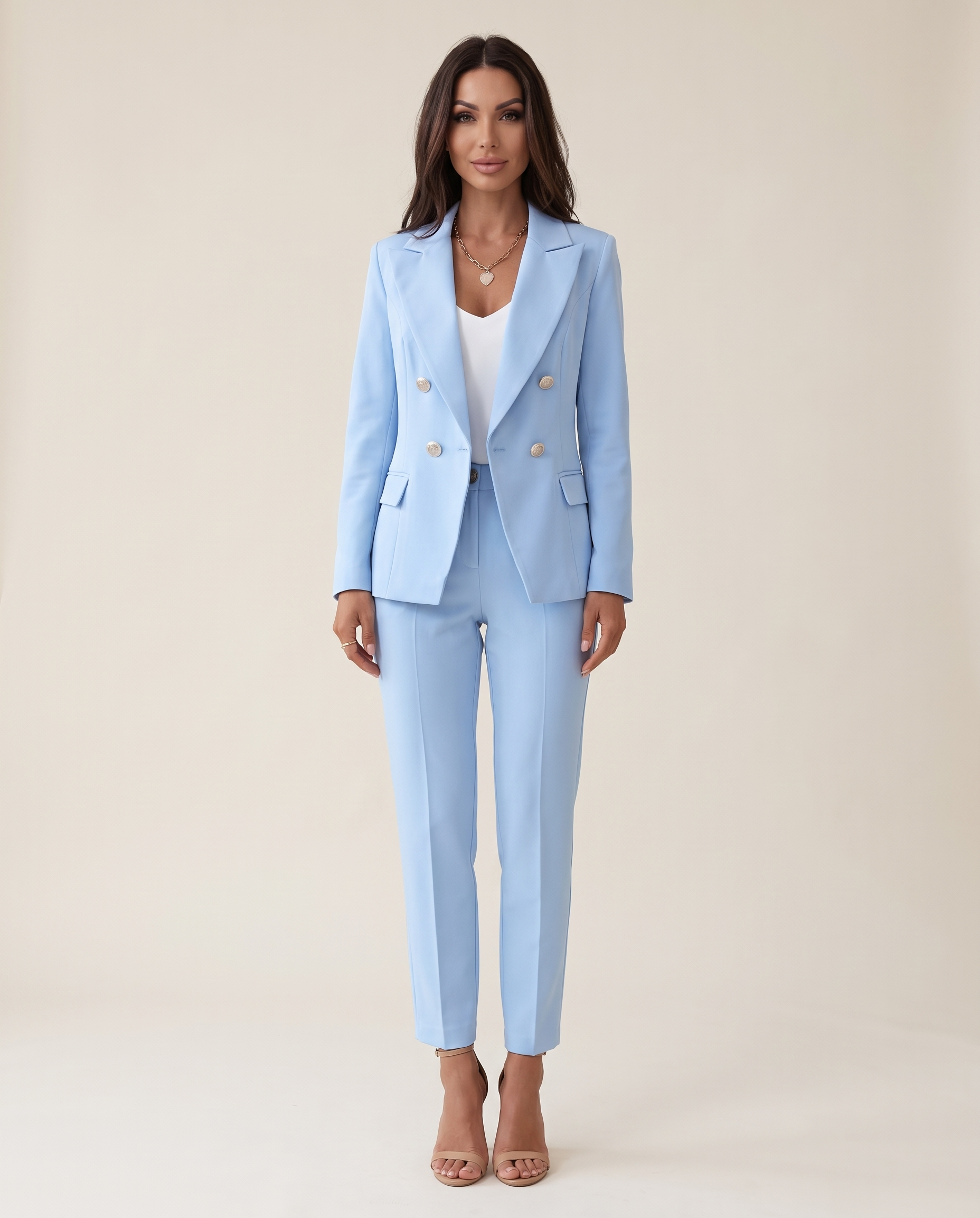 Two-Piece Woven Pant Suit with Notched Lapel and Straight Leg — Light Blue — studio front