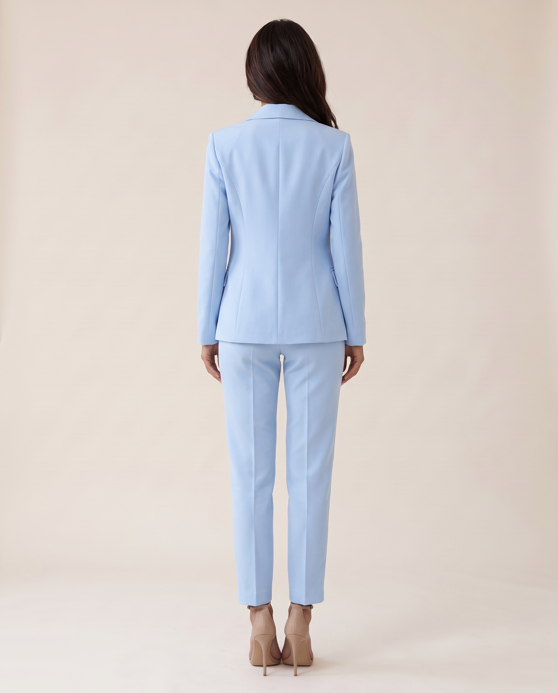 Two-Piece Woven Pant Suit with Notched Lapel and Straight Leg — Light Blue — back view