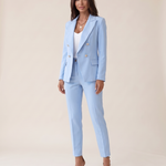 Two-Piece Woven Pant Suit with Notched Lapel and Straight Leg — Light Blue — studio three-quarter