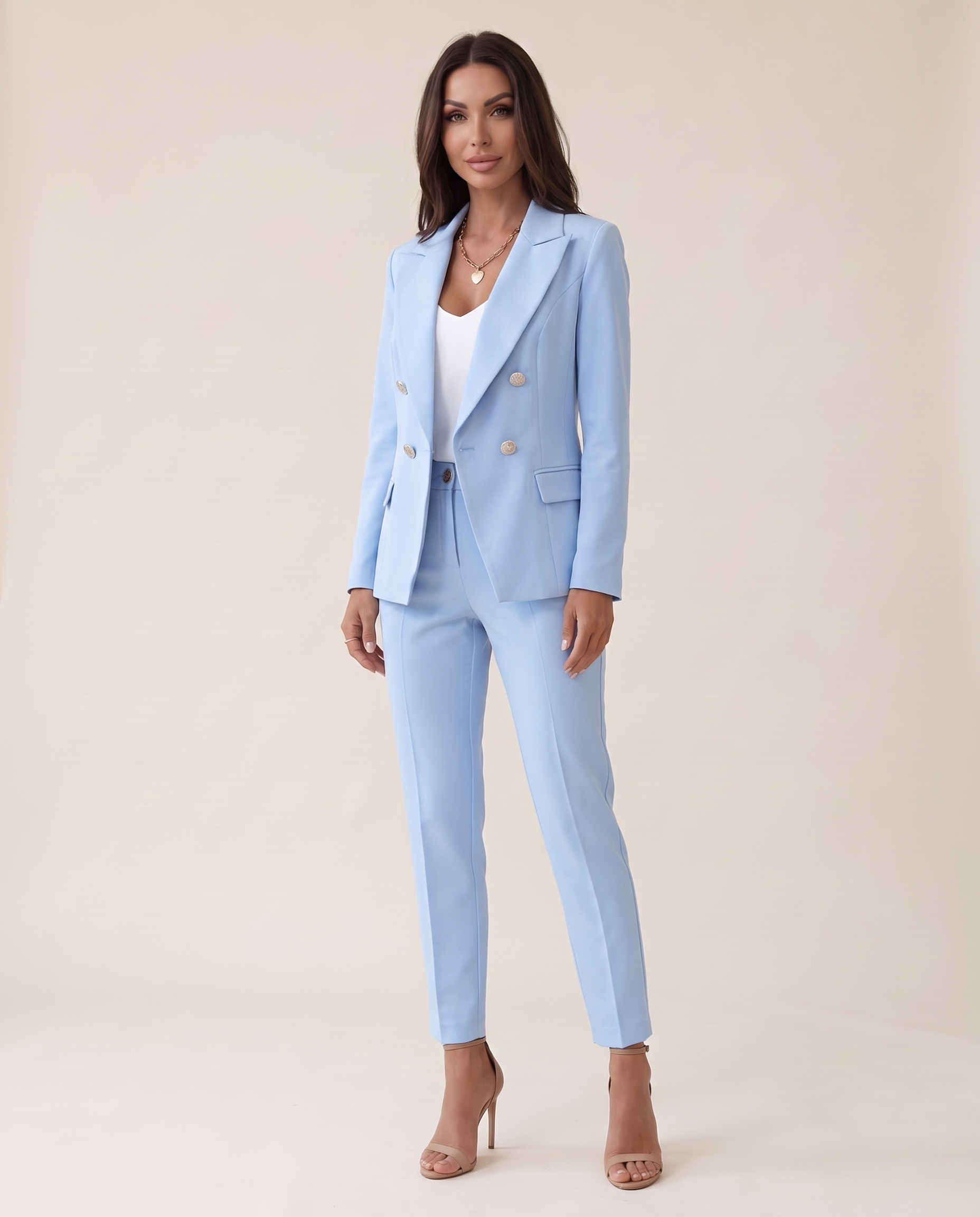 Two-Piece Woven Pant Suit with Notched Lapel and Straight Leg — Light Blue — studio three-quarter
