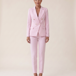Two-Piece Woven Pant Suit with Notched Lapel and Straight Leg — Pink — studio front