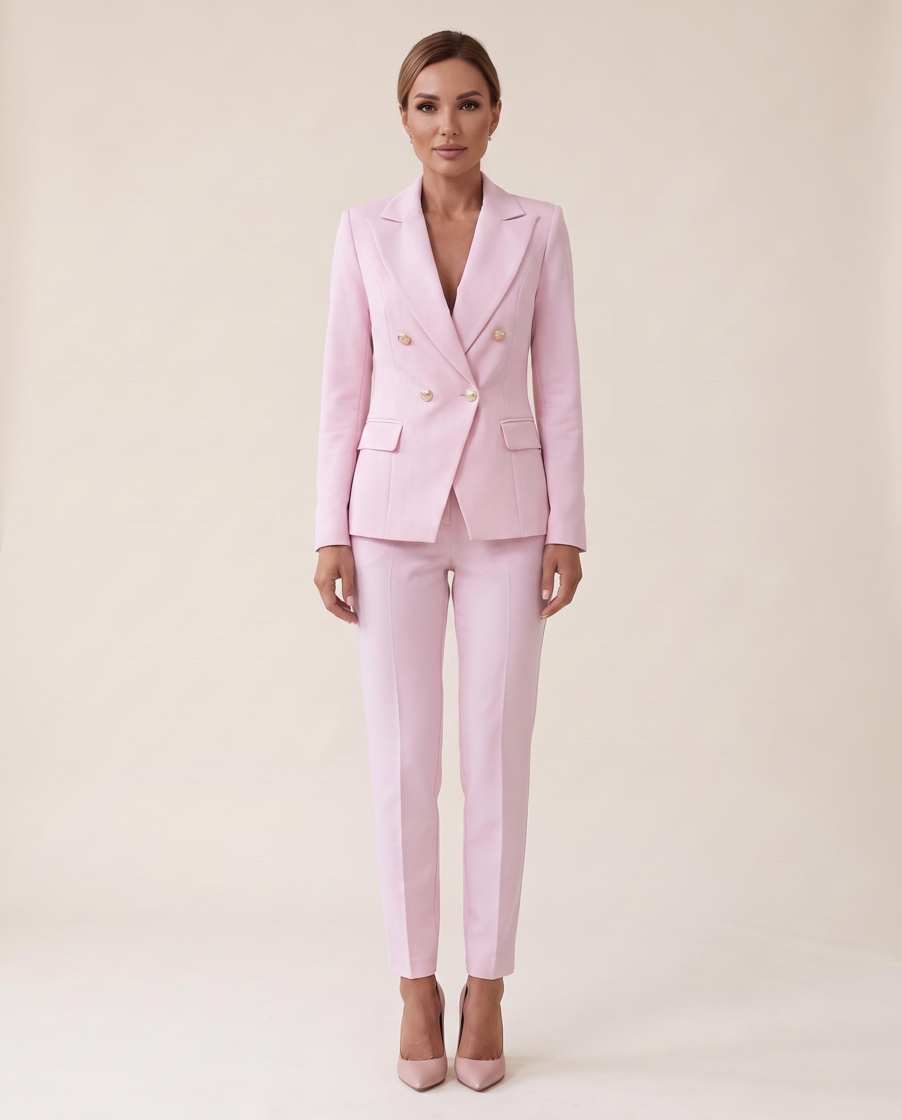 Two-Piece Woven Pant Suit with Notched Lapel and Straight Leg — Pink — studio front