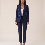 Two-Piece Woven Pant Suit with Notched Lapel and Straight Leg — Navy Blue — studio front