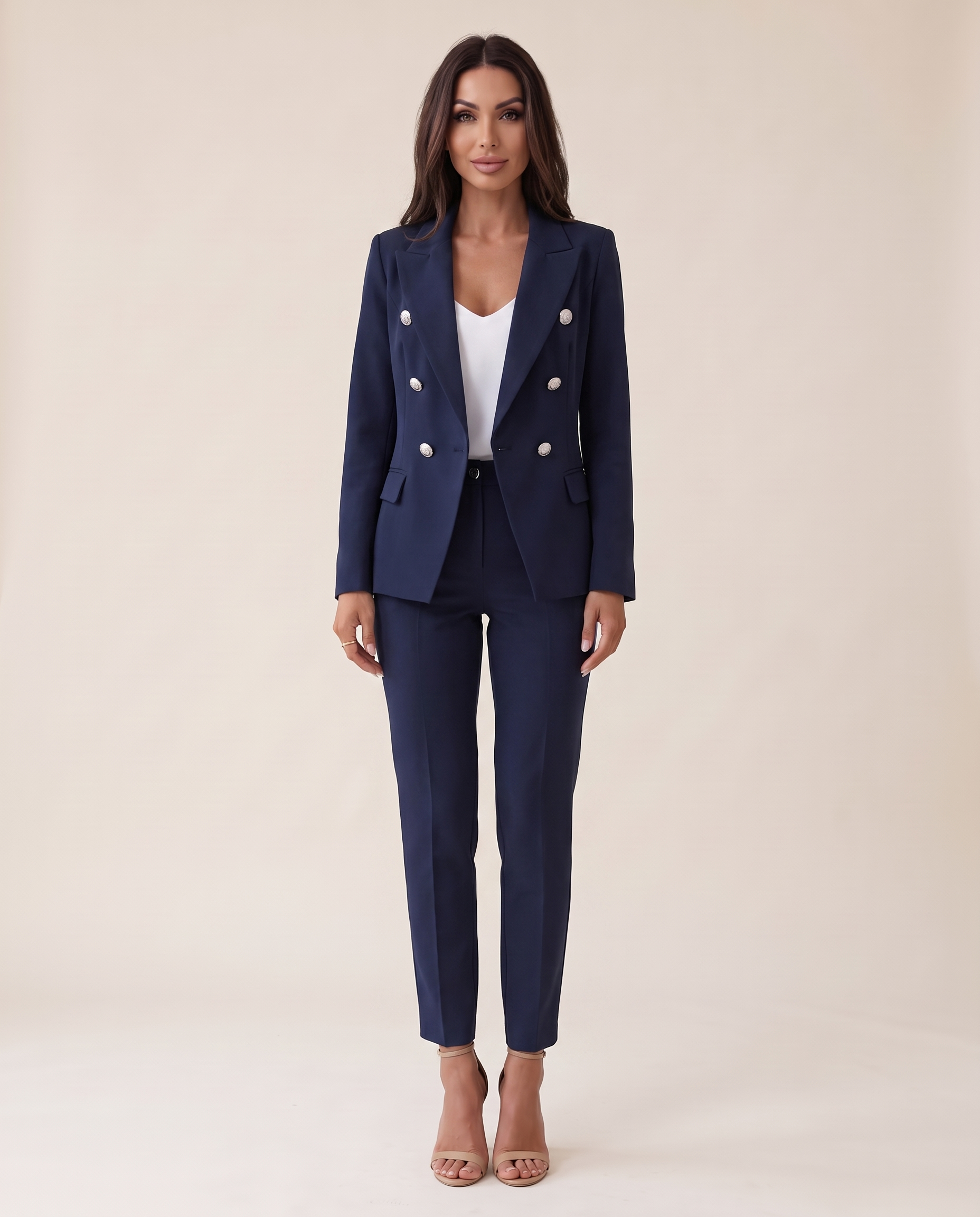 Two-Piece Woven Pant Suit with Notched Lapel and Straight Leg — Navy Blue — studio front