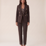 Two-Piece Woven Pant Suit with Notched Lapel and Straight Leg — Brown — studio front