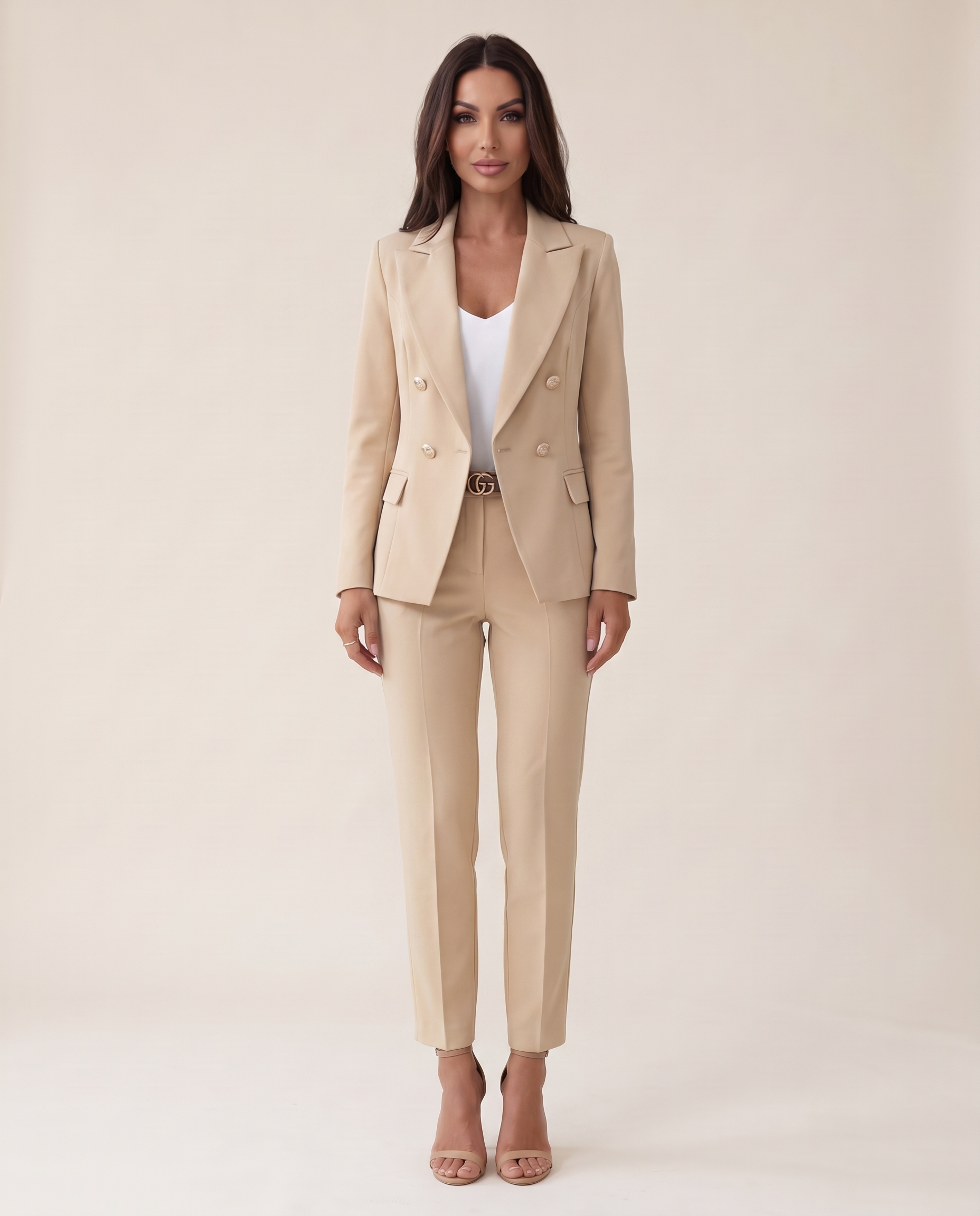 Two-Piece Woven Pant Suit with Notched Lapel and Straight Leg — Beige — studio front