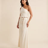 Ula Elegant Ruched Open-Back Skirt Set – three-quarter view