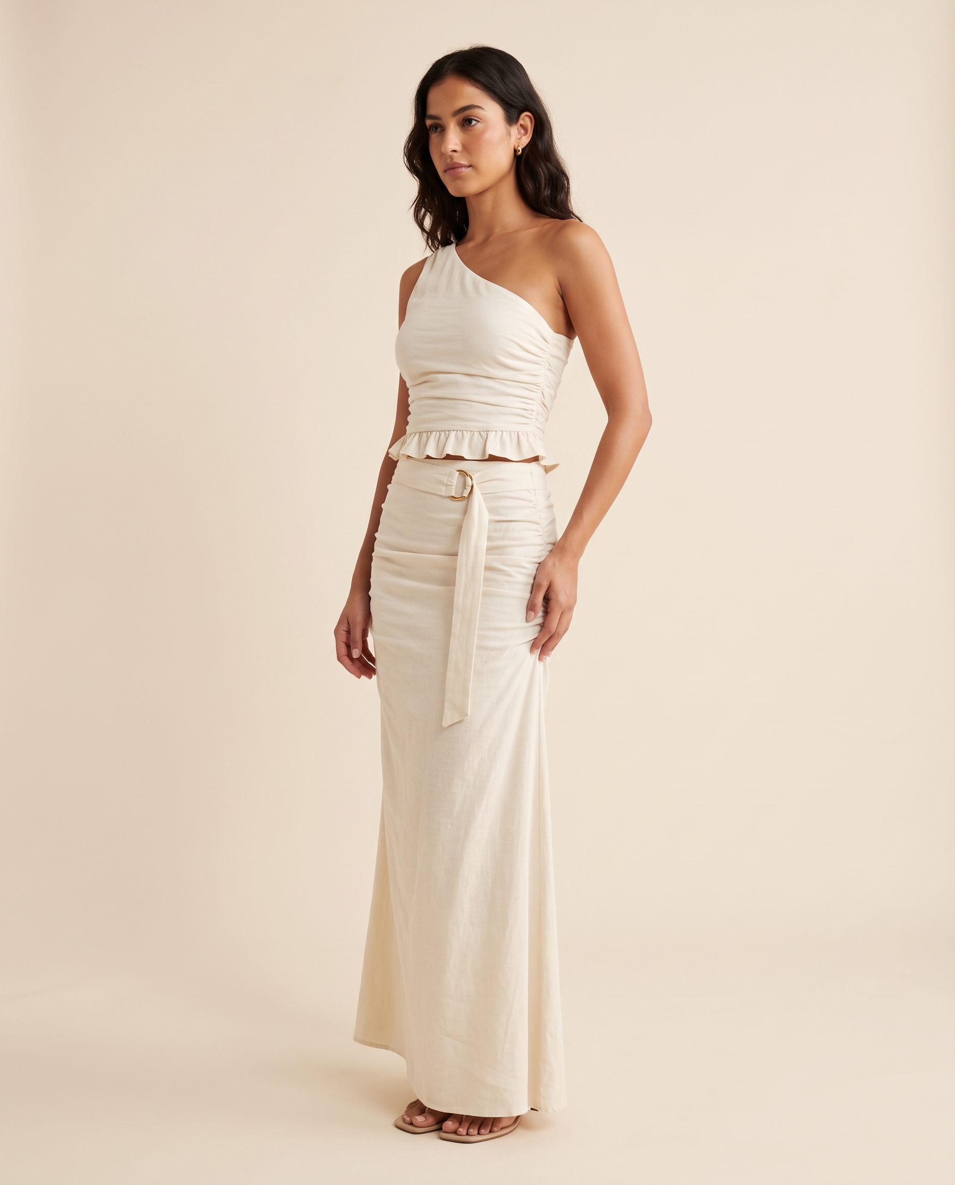 Ula Elegant Ruched Open-Back Skirt Set – three-quarter view