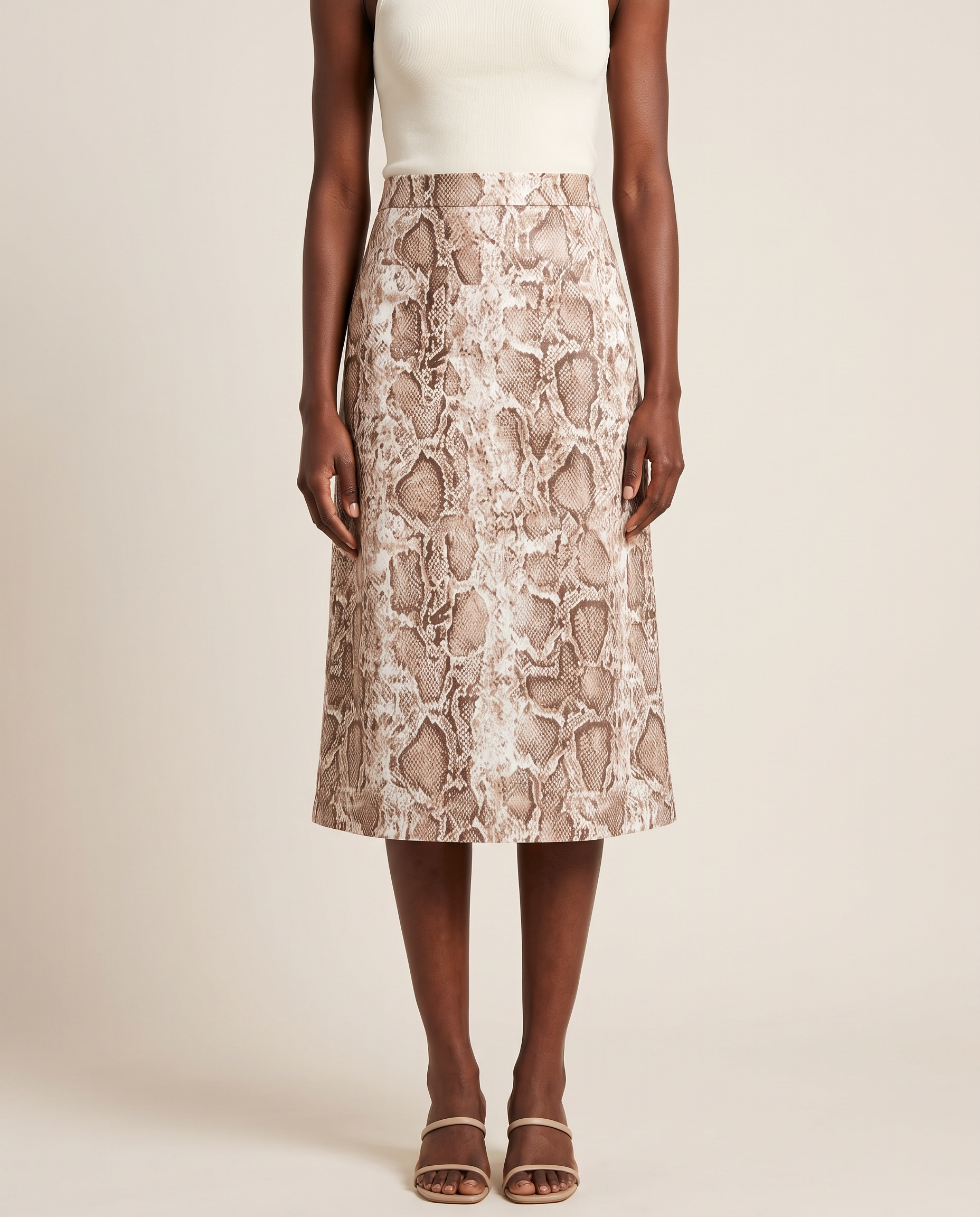 Veda Snakeskin High-Waist Midi Skirt – Khaki