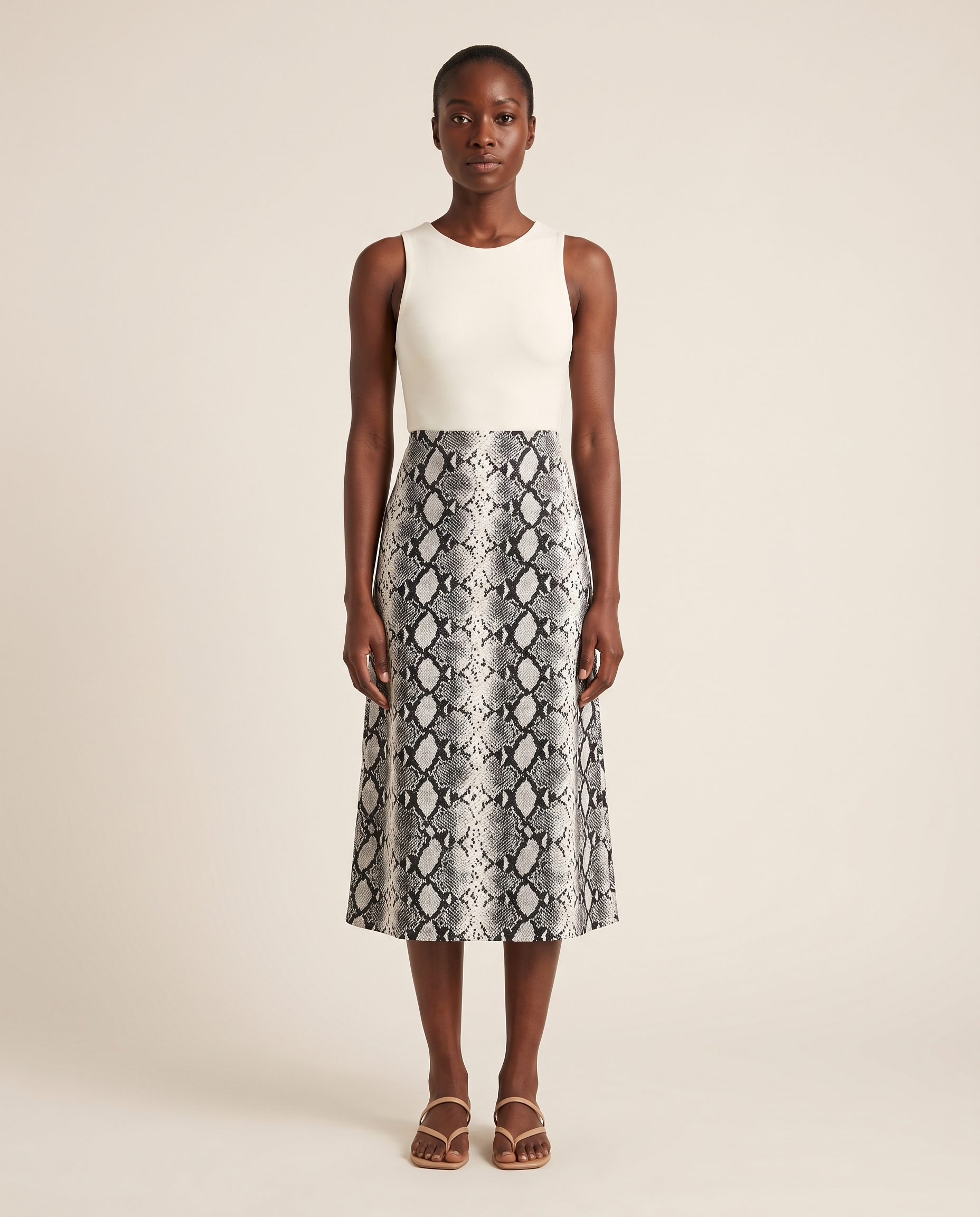 Veda Snakeskin High-Waist Midi Skirt – White