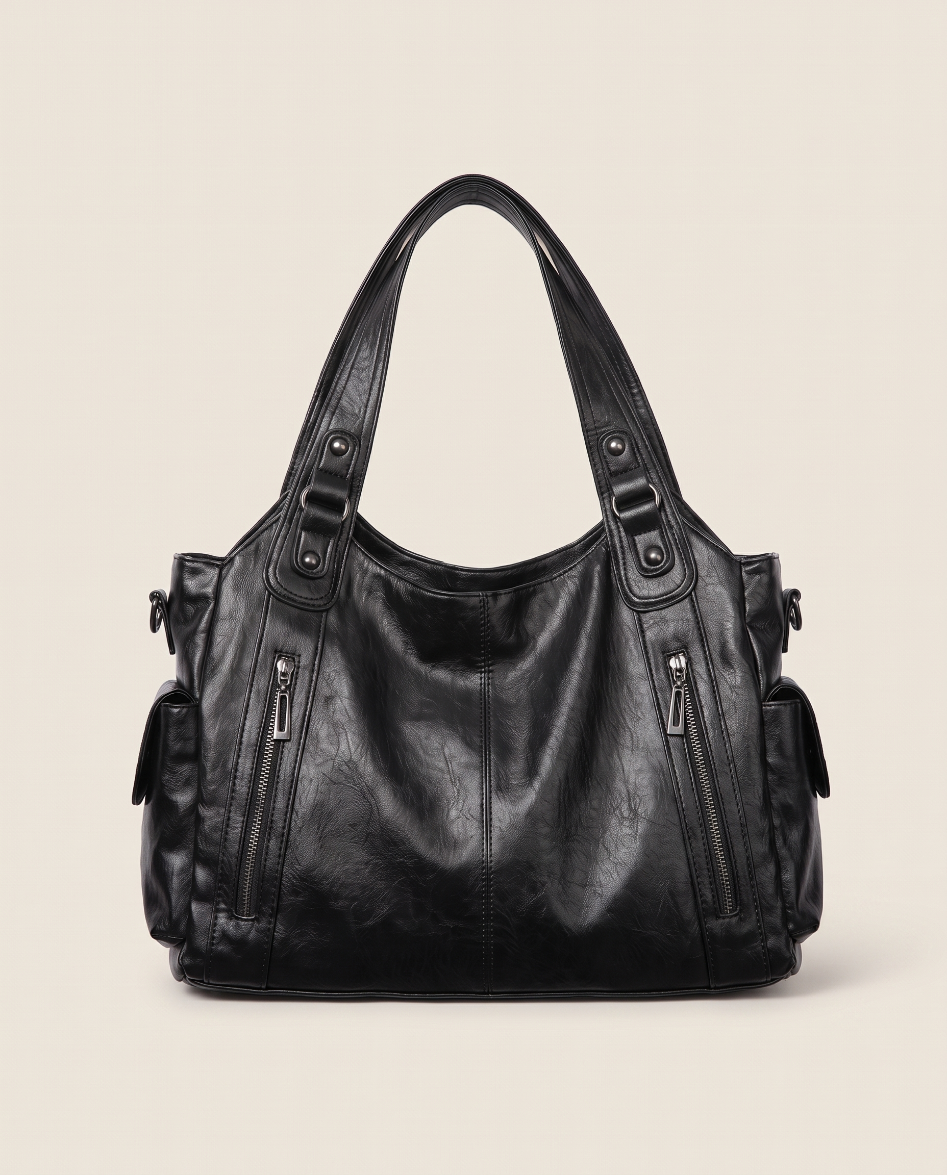 Slouchy Faux Leather Shoulder Bag – Black Everyday Casual Hobo Bag — main view