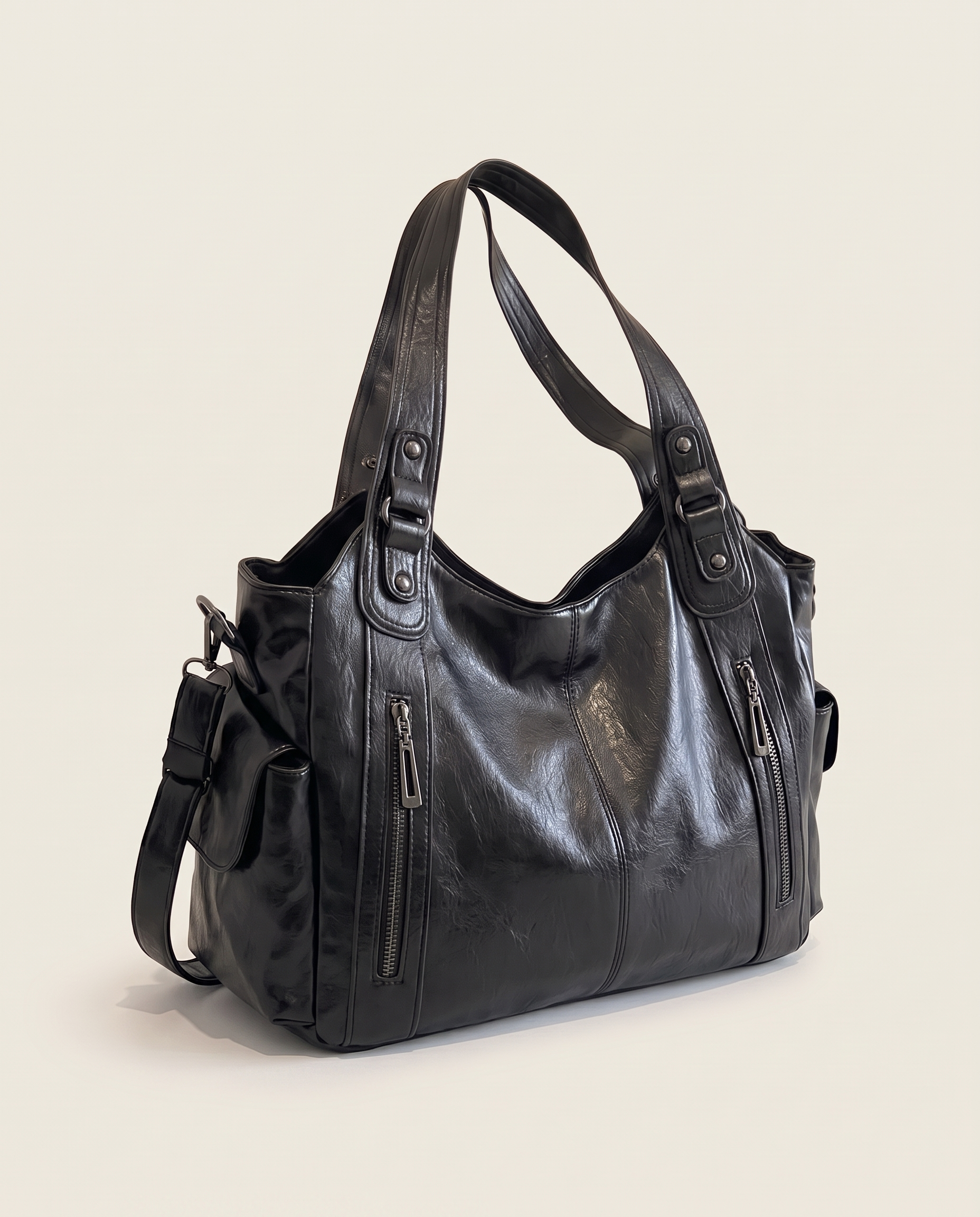 Slouchy Faux Leather Shoulder Bag – Black Everyday Casual Hobo Bag — product view 2