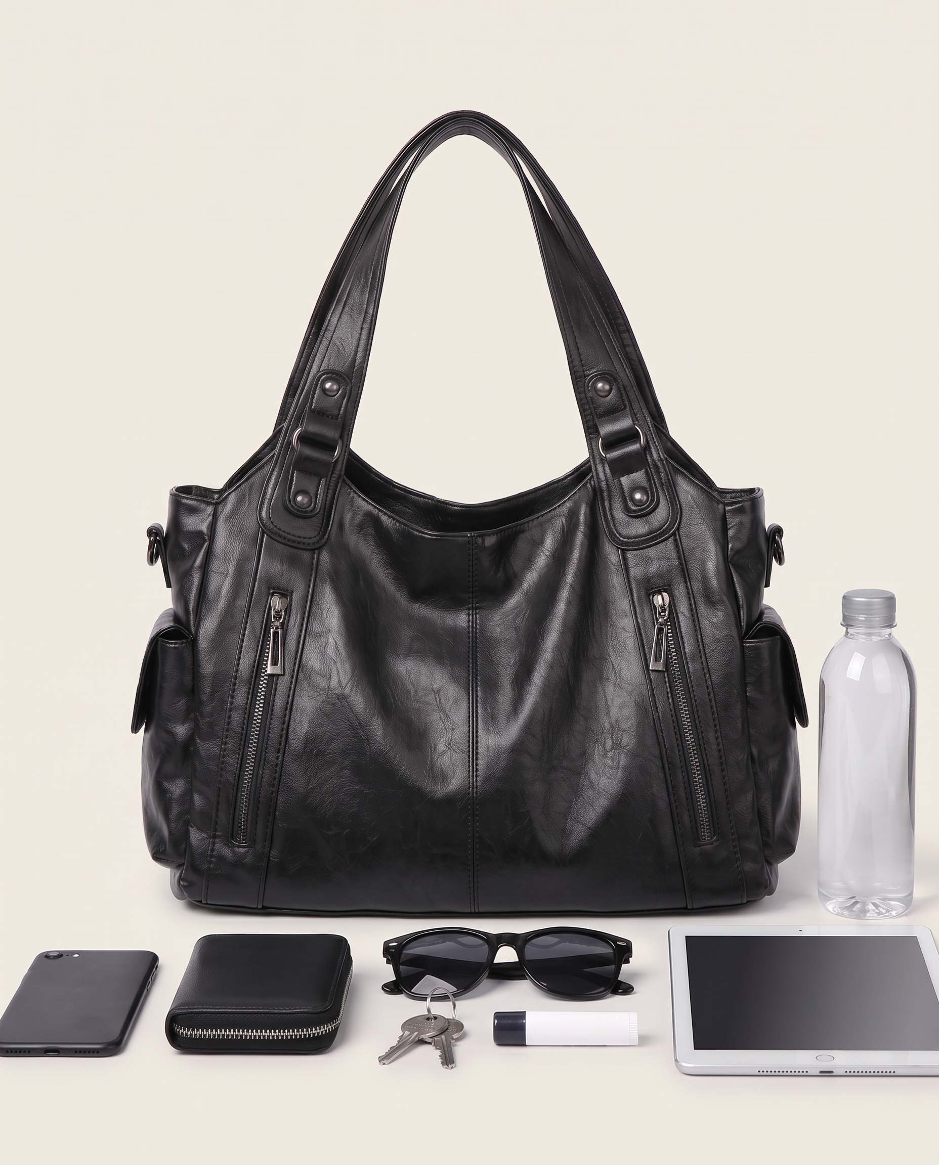 Slouchy Faux Leather Shoulder Bag – Black Everyday Casual Hobo Bag — product view 3