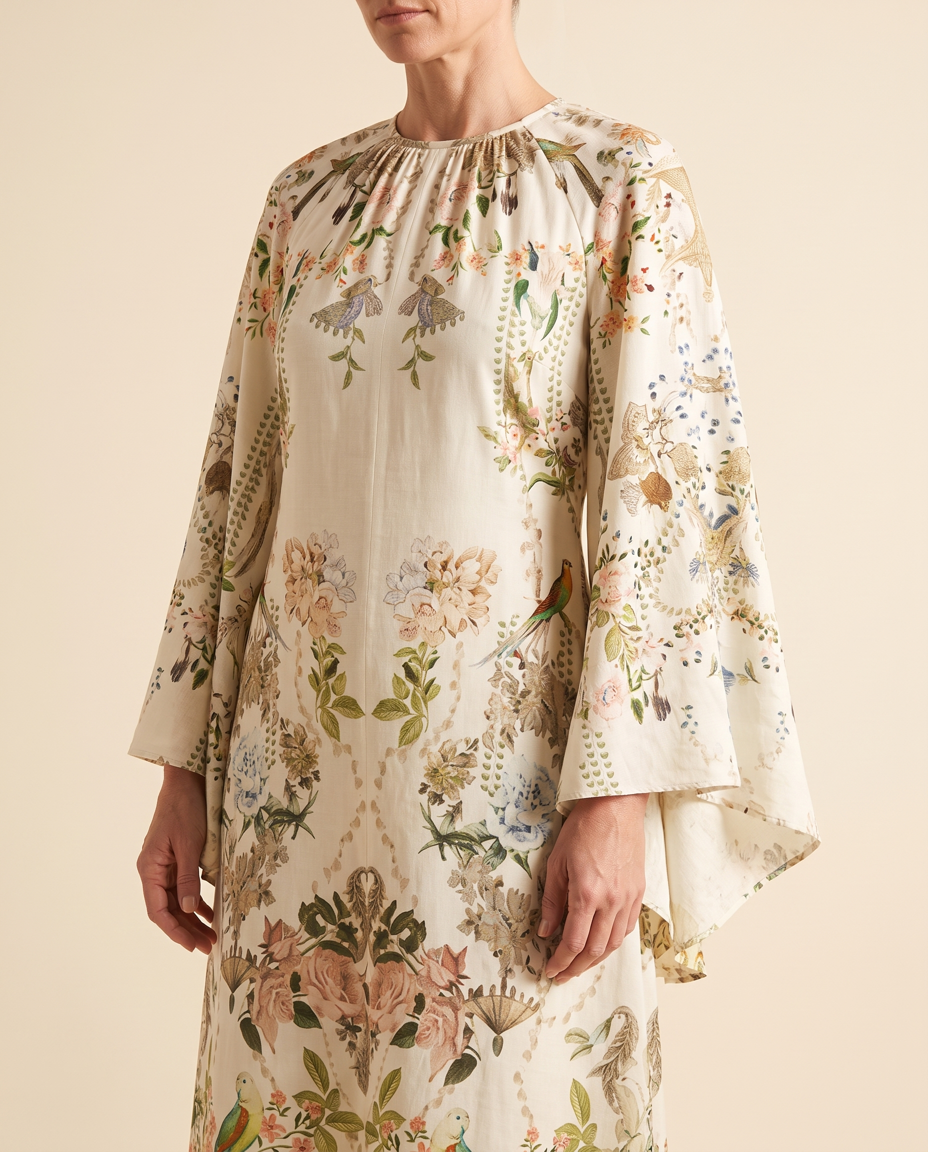 Viola Botanical Bell-Sleeve Maxi Dress — sleeve and print detail