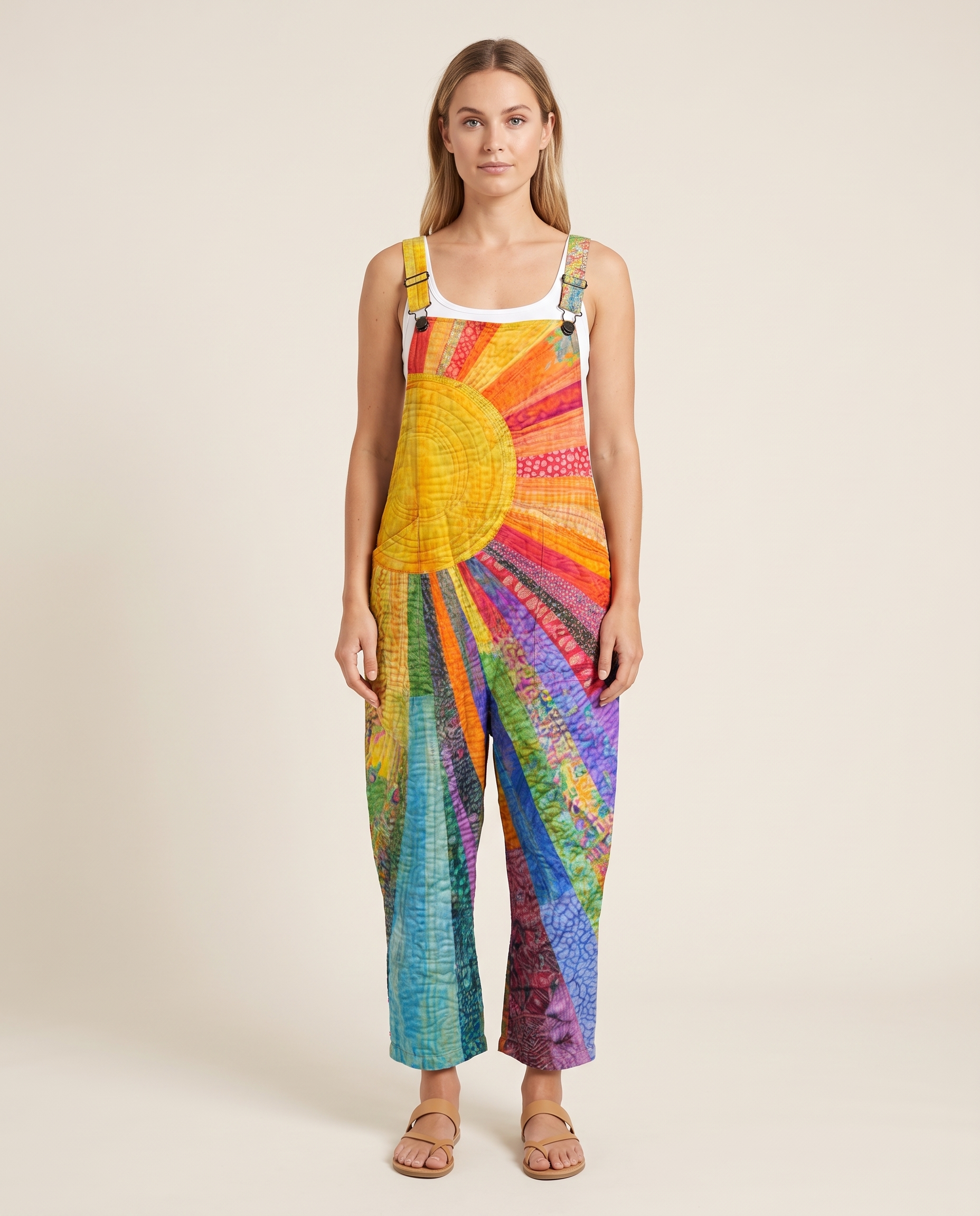 Wide-Leg Jumpsuit – Vivid Sunburst Swirl — Multicolor — studio front