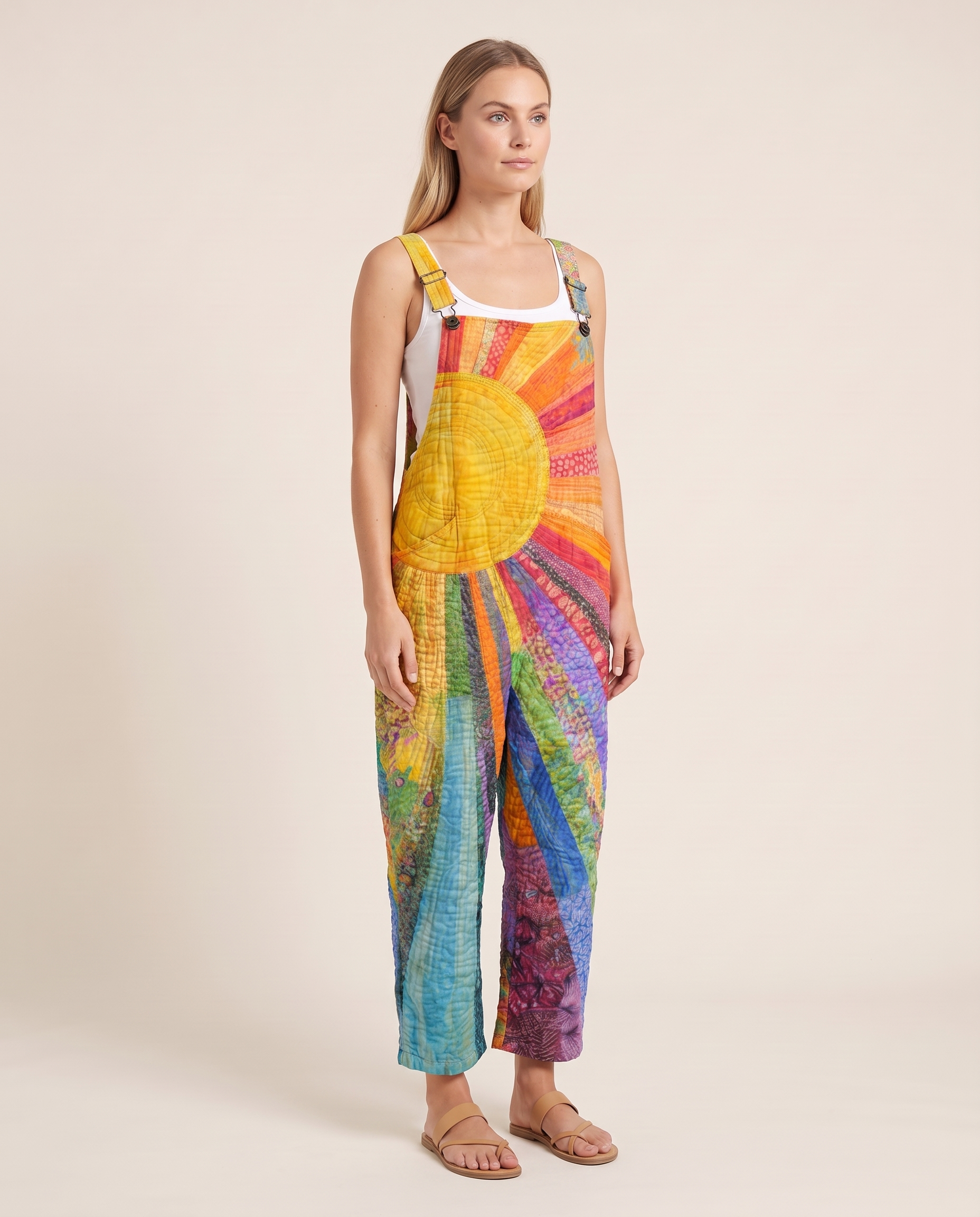 Wide-Leg Jumpsuit – Vivid Sunburst Swirl — Multicolor — studio three-quarter