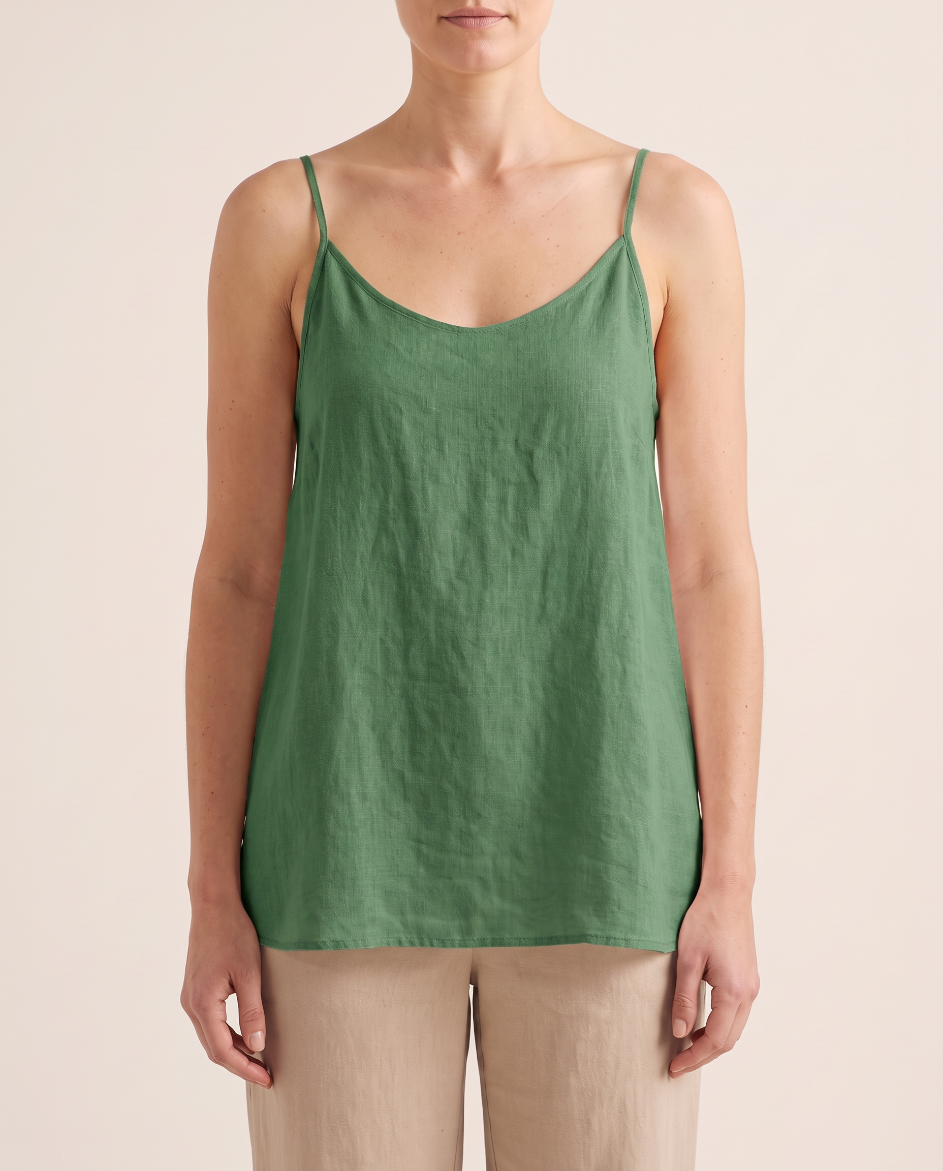 Women's Casual Linen-Blend Cami Top with V Neck and Spaghetti Straps — Green — studio front