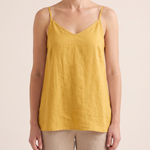 Women's Casual Linen-Blend Cami Top with V Neck and Spaghetti Straps — Yellow — studio front