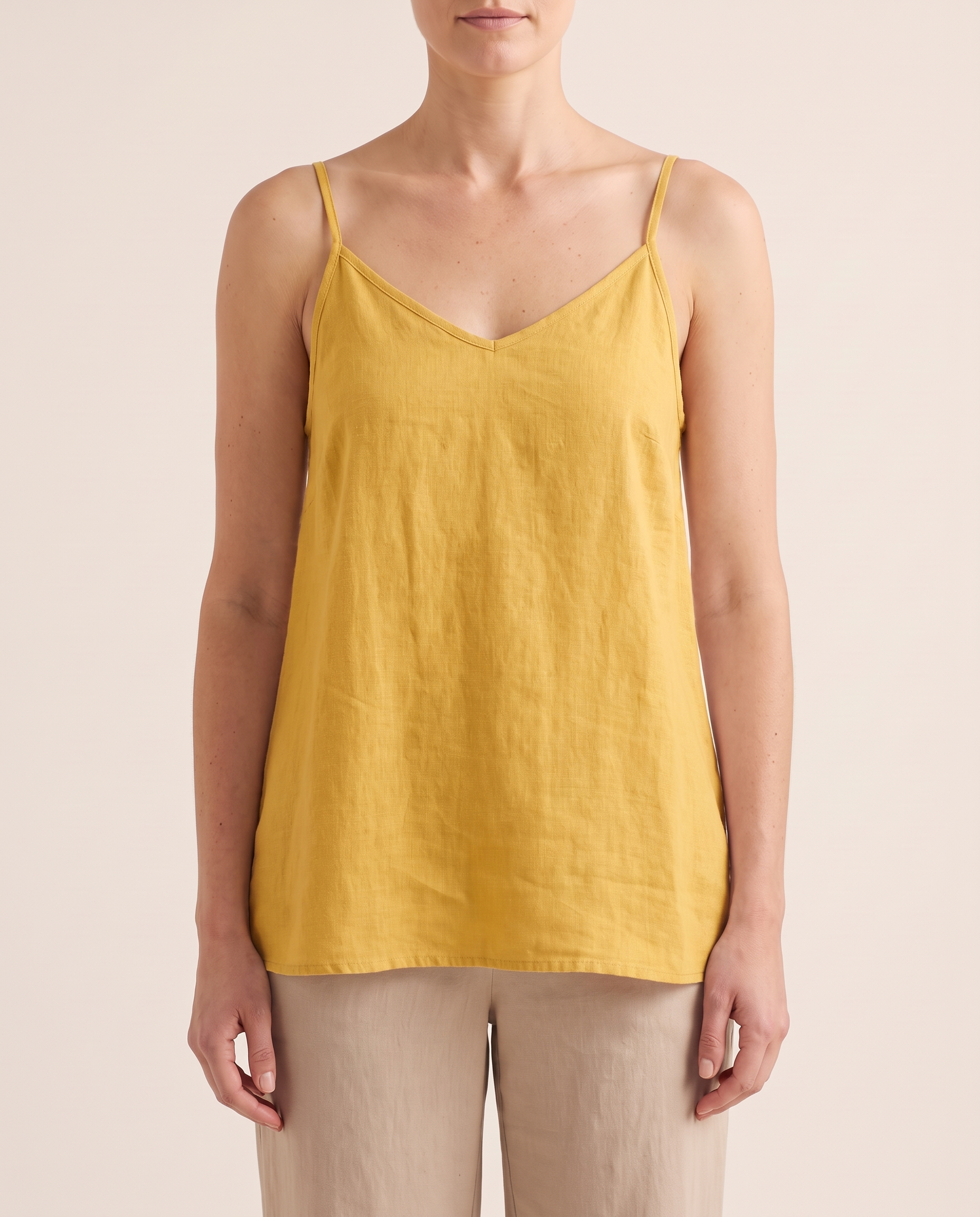 Women's Casual Linen-Blend Cami Top with V Neck and Spaghetti Straps — Yellow — studio front