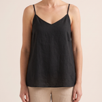 Women's Casual Linen-Blend Cami Top with V Neck and Spaghetti Straps — Black — studio front