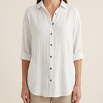 Women's Crinkled Blouse with Button Front and Roll-Tab Sleeves — White — studio front