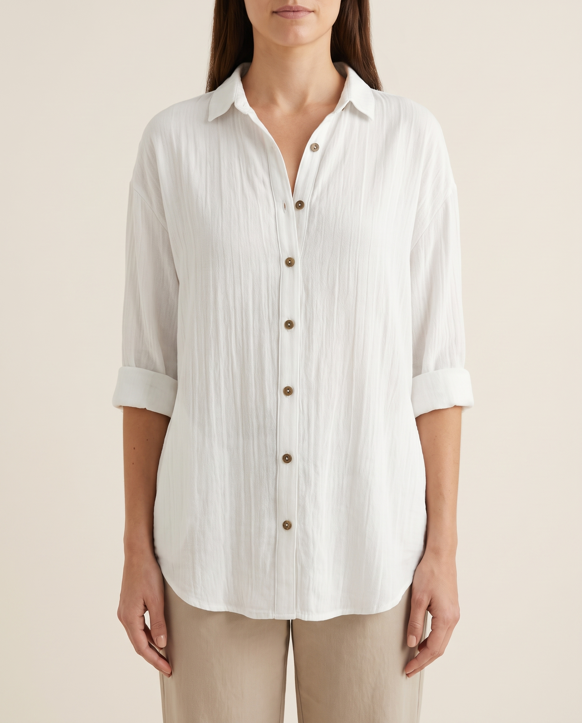 Women's Crinkled Blouse with Button Front and Roll-Tab Sleeves — White — studio front