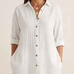 Women's Crinkled Blouse with Button Front and Roll-Tab Sleeves — White — fabric detail