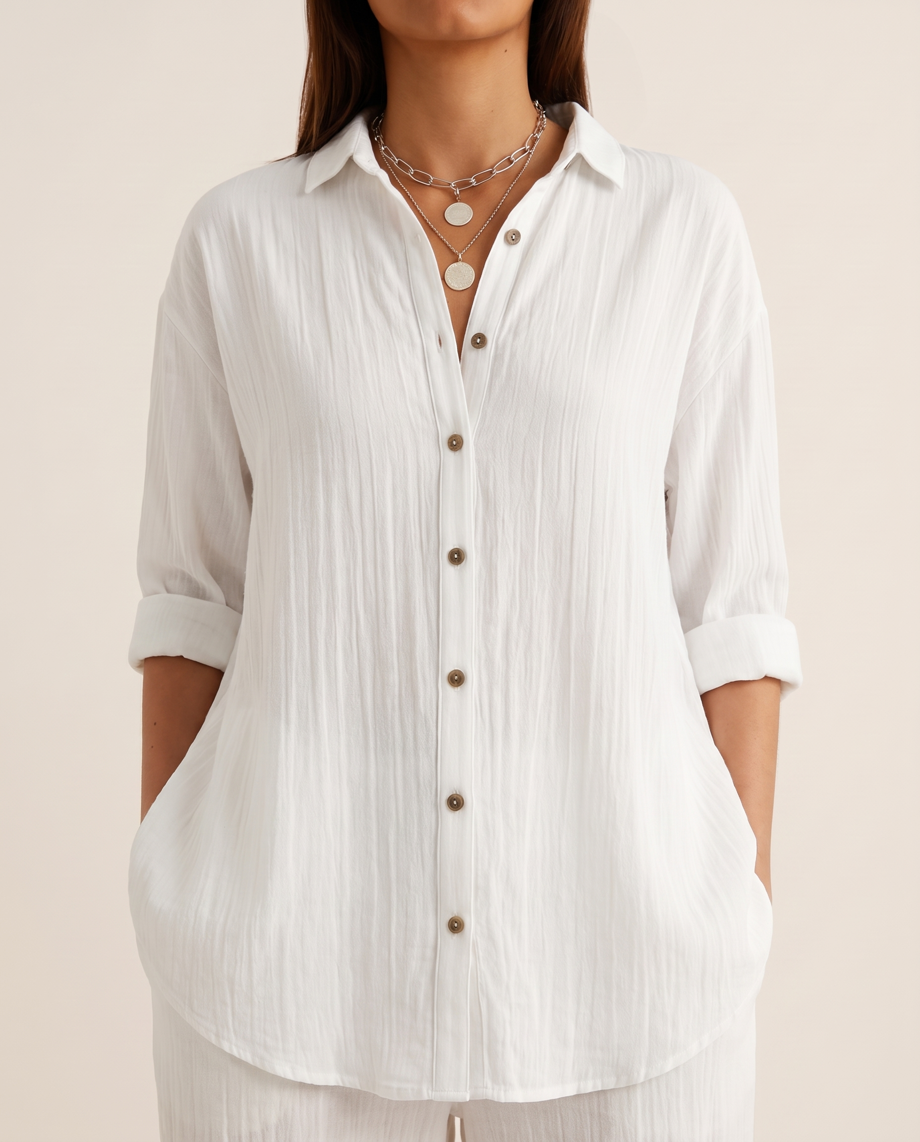Women's Crinkled Blouse with Button Front and Roll-Tab Sleeves — White — fabric detail