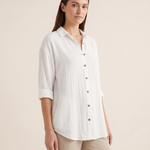 Women's Crinkled Blouse with Button Front and Roll-Tab Sleeves — White — studio three-quarter
