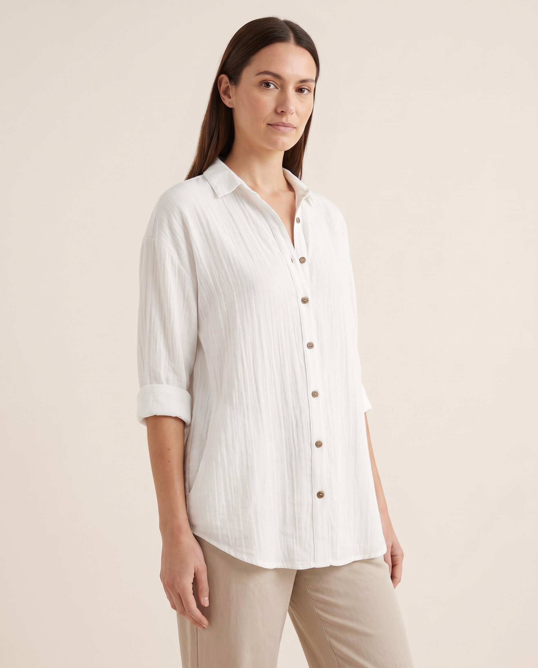 Women's Crinkled Blouse with Button Front and Roll-Tab Sleeves — White — studio three-quarter