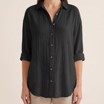 Women's Crinkled Blouse with Button Front and Roll-Tab Sleeves — Black — studio front