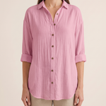 Women's Crinkled Blouse with Button Front and Roll-Tab Sleeves — Pink — studio front
