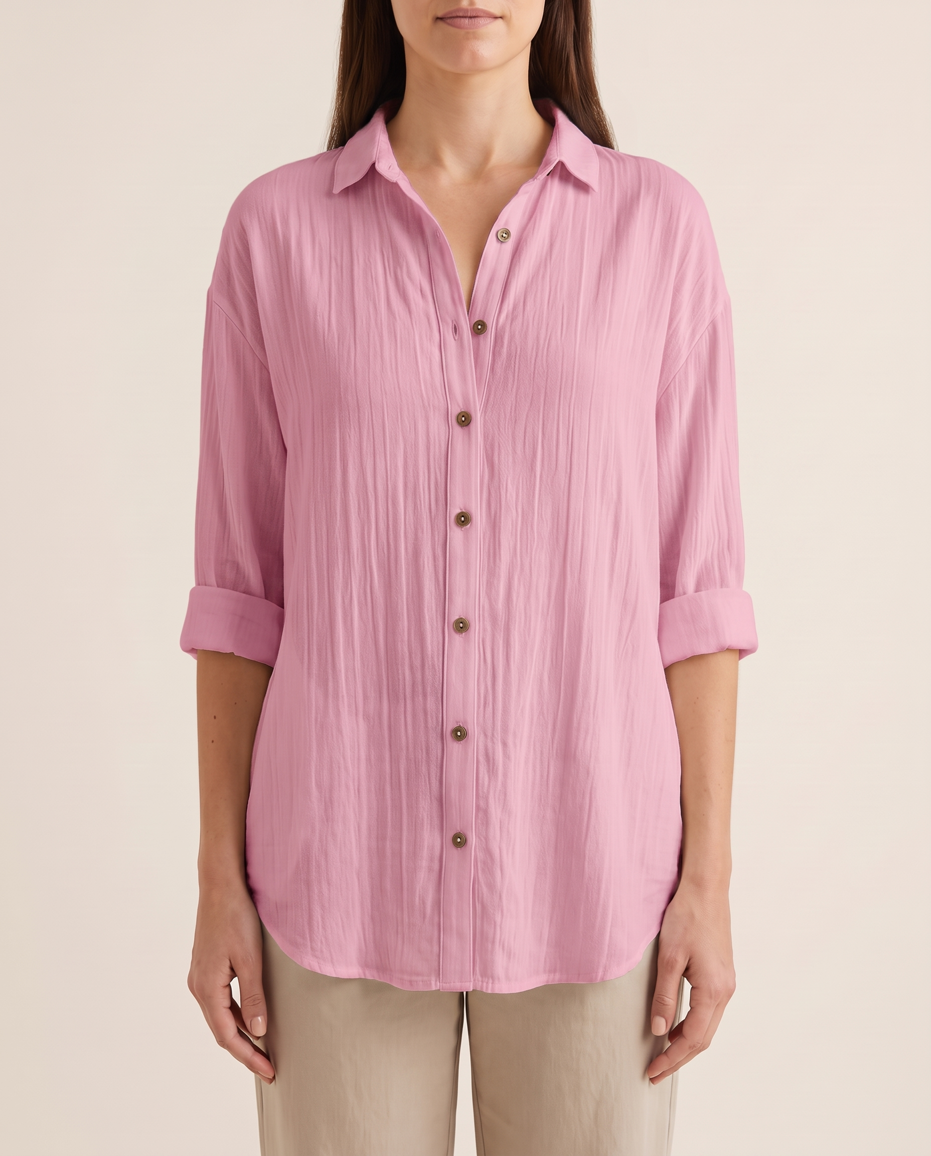 Women's Crinkled Blouse with Button Front and Roll-Tab Sleeves — Pink — studio front