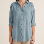 Women's Crinkled Blouse with Button Front and Roll-Tab Sleeves — Blue — studio front