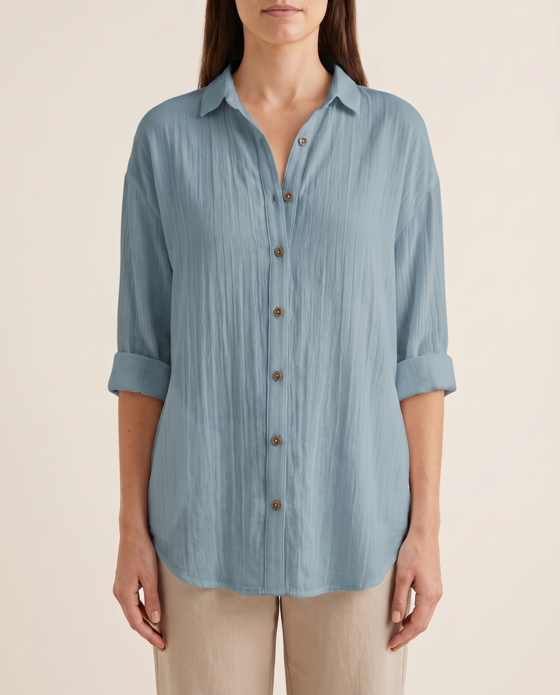 Women's Crinkled Blouse with Button Front and Roll-Tab Sleeves — Blue — studio front