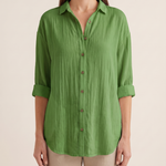 Women's Crinkled Blouse with Button Front and Roll-Tab Sleeves — Green — studio front