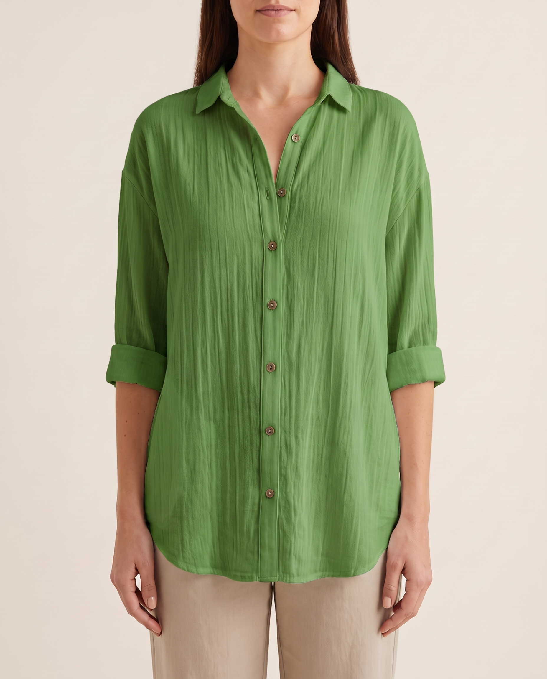 Women's Crinkled Blouse with Button Front and Roll-Tab Sleeves — Green — studio front