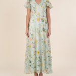 Women's Floral Woven Maxi Dress with V Neck and Flutter Sleeves — Green — studio front
