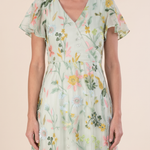 Women's Floral Woven Maxi Dress with V Neck and Flutter Sleeves — Green — fabric detail