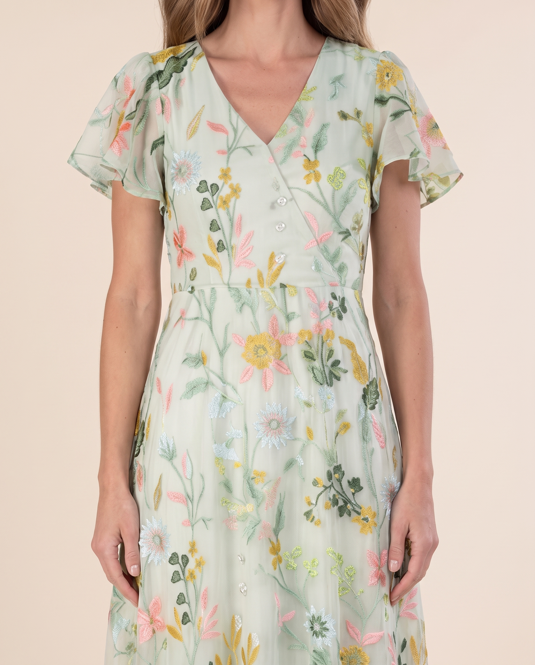 Women's Floral Woven Maxi Dress with V Neck and Flutter Sleeves — Green — fabric detail