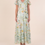 Women's Floral Woven Maxi Dress with V Neck and Flutter Sleeves — Green — studio three-quarter