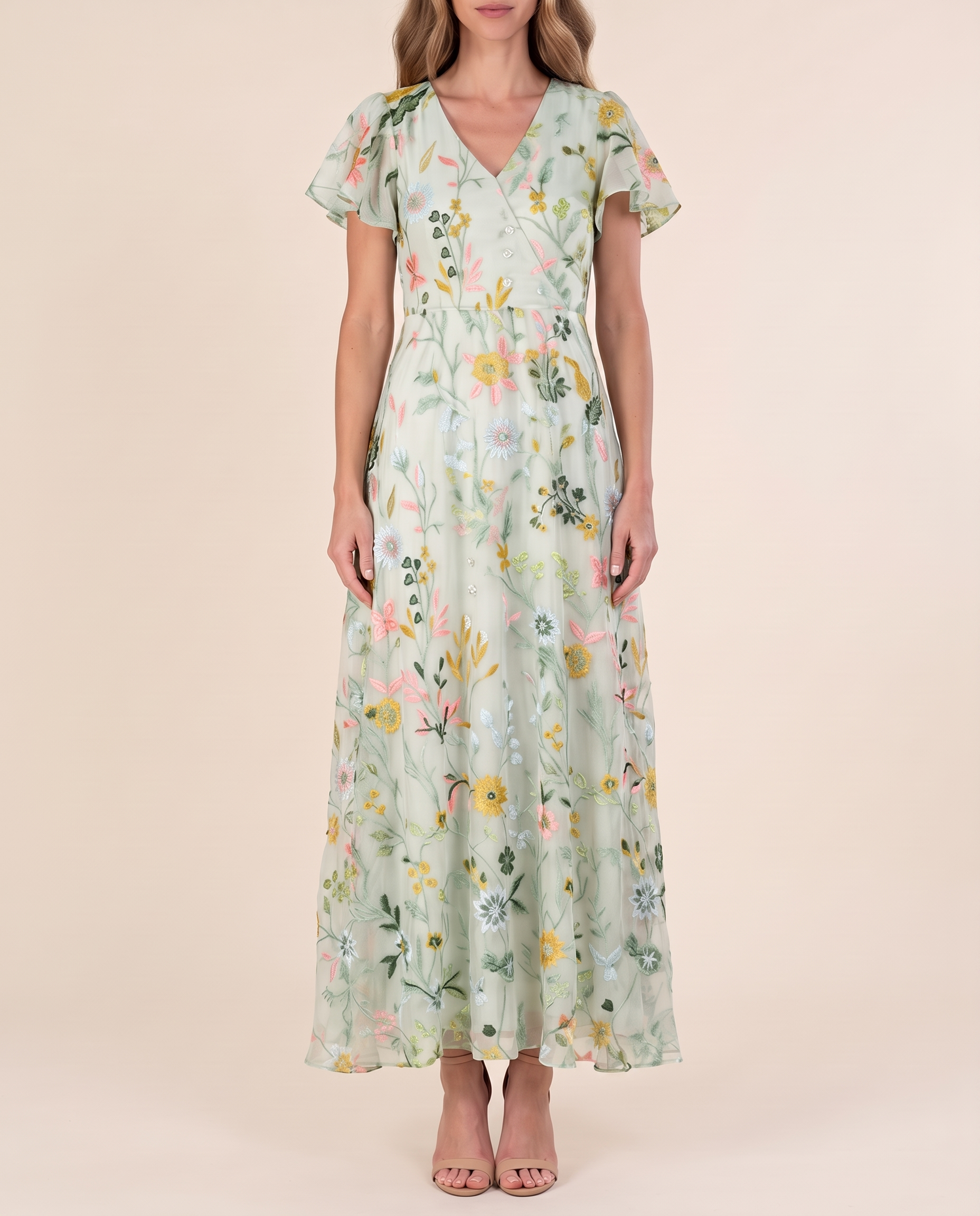 Women's Floral Woven Maxi Dress with V Neck and Flutter Sleeves — Green — studio three-quarter