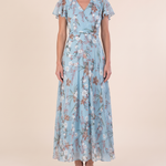 Women's Floral Woven Maxi Dress with V Neck and Flutter Sleeves — Light Blue — studio front