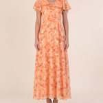 Women's Floral Woven Maxi Dress with V Neck and Flutter Sleeves — Orange — studio front